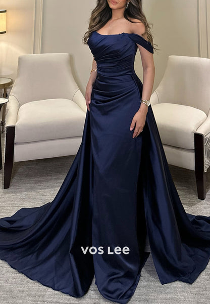 Simple & Casual Off the Shoulder Pleated Mermaid Long Evening Dresses with Court Train