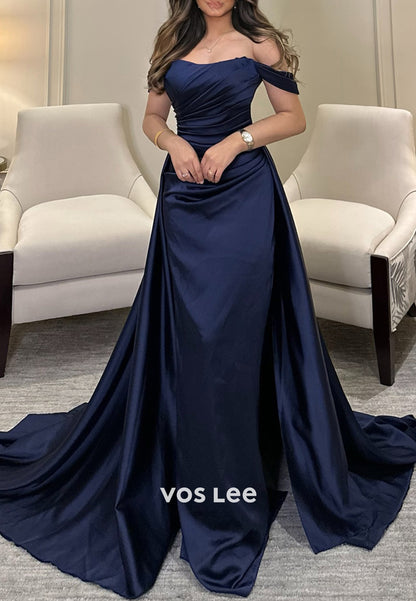 Simple & Casual Off the Shoulder Pleated Mermaid Long Evening Dresses with Court Train