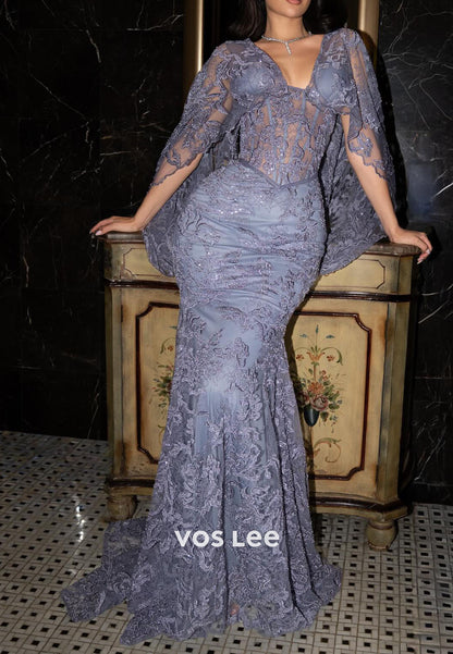 Purple Lace Appliques Cape Sleeves Evening Gowns Long With Beads Sequins