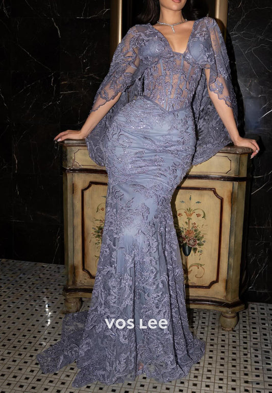 Purple Lace Appliques Cape Sleeves Evening Gowns Long With Beads Sequins