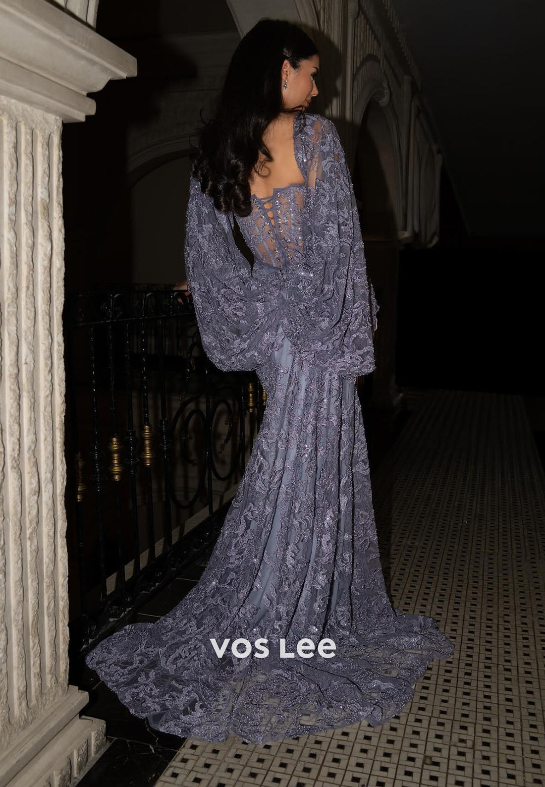 Purple Lace Appliques Cape Sleeves Evening Gowns Long With Beads Sequins