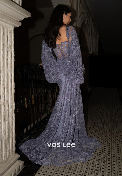 Purple Lace Appliques Cape Sleeves Evening Gowns Long With Beads Sequins