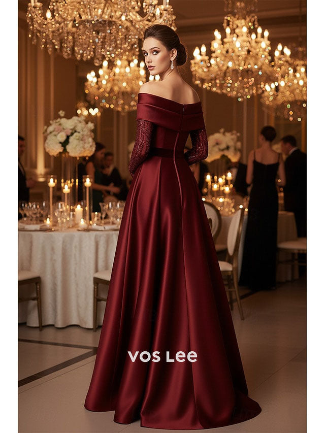 Burgundy Off-the-Shoulder Satin Ball Gown | Long Lace Sleeve High Slit Formal Evening Dress