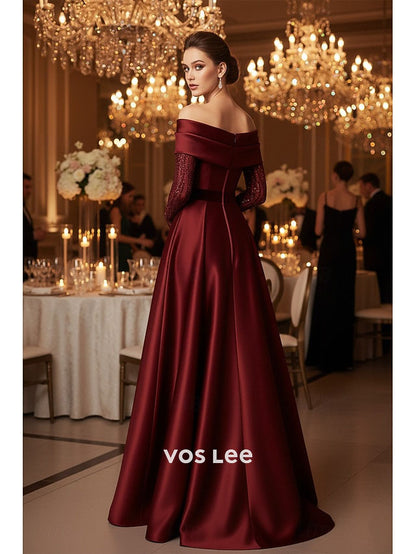 Burgundy Off-the-Shoulder Satin Ball Gown | Long Lace Sleeve High Slit Formal Evening Dress
