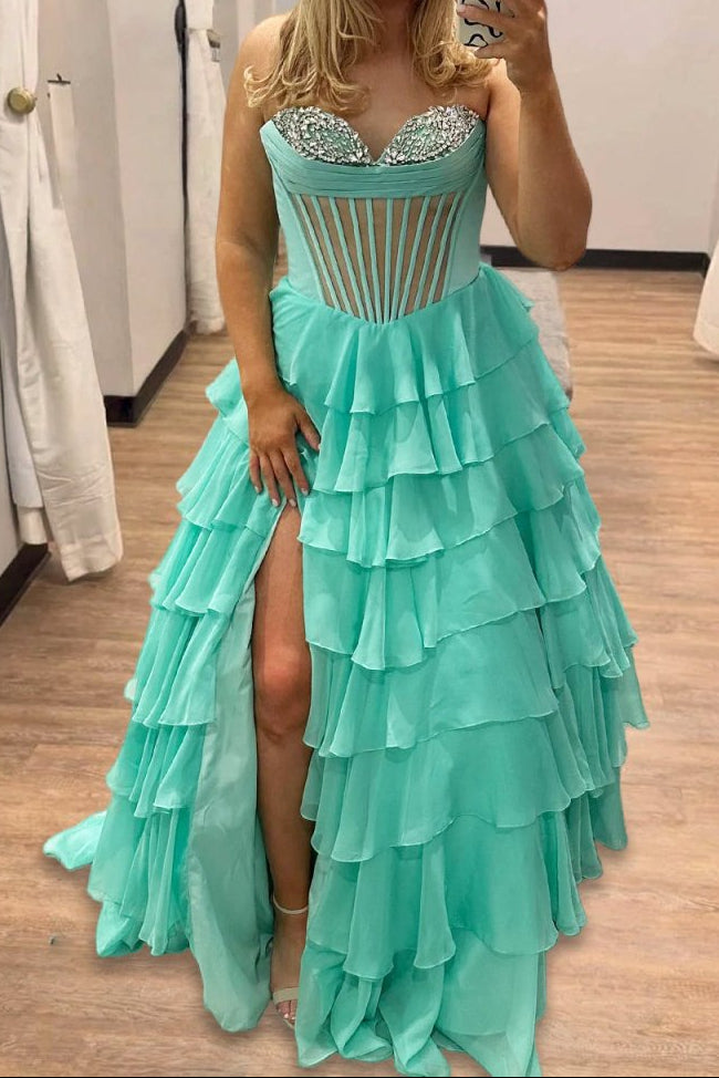 Mint Green Strapless A Line Chiffon Ruffled Formal Prom Dresses With Beading