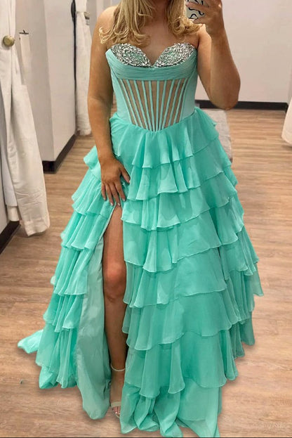 Mint Green Strapless A Line Chiffon Ruffled Formal Prom Dresses With Beading