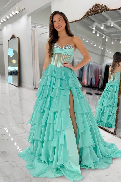 Sage Strapless A Line Chiffon Ruffled Formal Prom Dresses With Beading