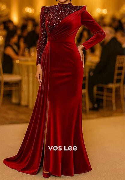 High-Neck Sequined Long-Sleeves Mermaid Velvet Evening Dress Formal Gowns