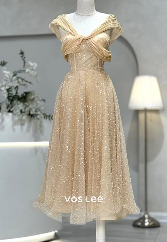 Champagne Sequins Beading Evening Dress A-line Prom Gown Party Gown