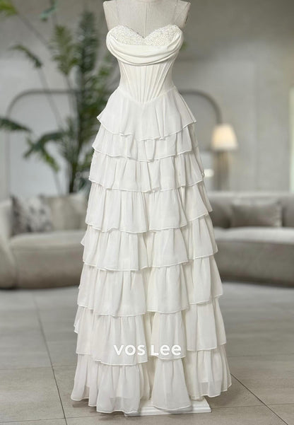 White Sweetheart Crystals Tiered A-line Long Prom Dresses