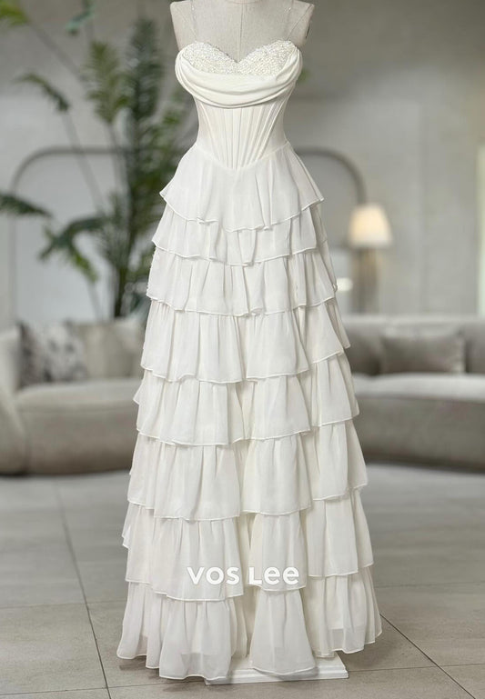 White Sweetheart Crystals Tiered A-line Long Prom Dresses