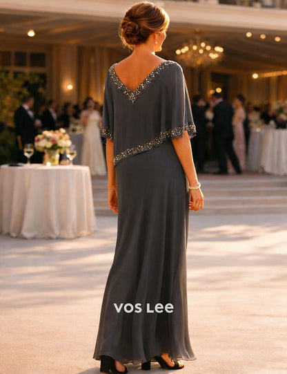 Grey Chiffon Cape Overlay Maxi Dress | Beaded V-Neck Formal Evening Gown