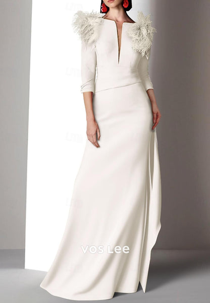 Gorgeous & Charming  Low V-Neck Long Sleeves feather Mermaid Evening Dress
