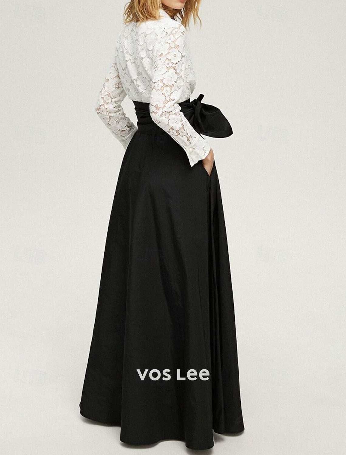 White Lace Blouse & Navy Maxi Skirt Set | High Waist Bow Detail Formal Skirt with Pockets
