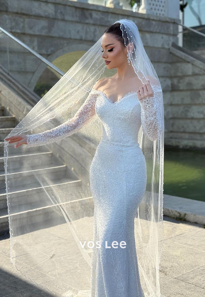 Sparkle Off-Shoulder Lace Long Sleeve Mermaid Wedding Dress Glitter Bridal Gown