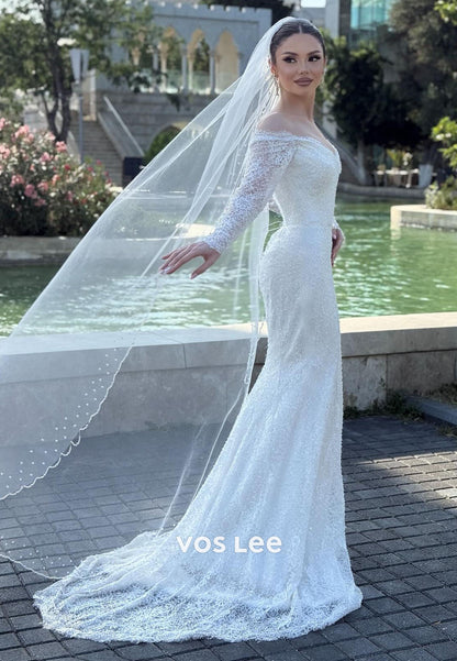Sparkle Off-Shoulder Lace Long Sleeve Mermaid Wedding Dress Glitter Bridal Gown
