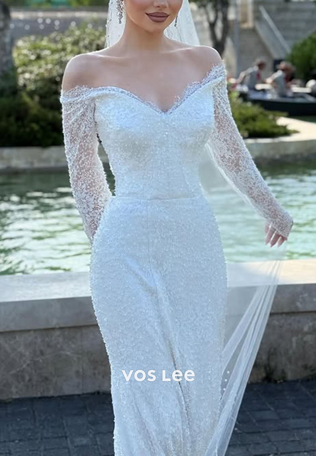 Sparkle Off-Shoulder Lace Long Sleeve Mermaid Wedding Dress Glitter Bridal Gown