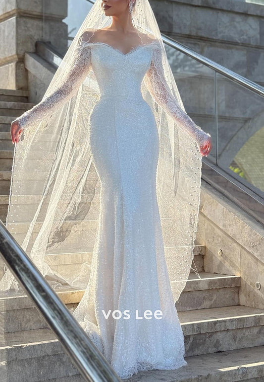 Sparkle Off-Shoulder Lace Long Sleeve Mermaid Wedding Dress Glitter Bridal Gown