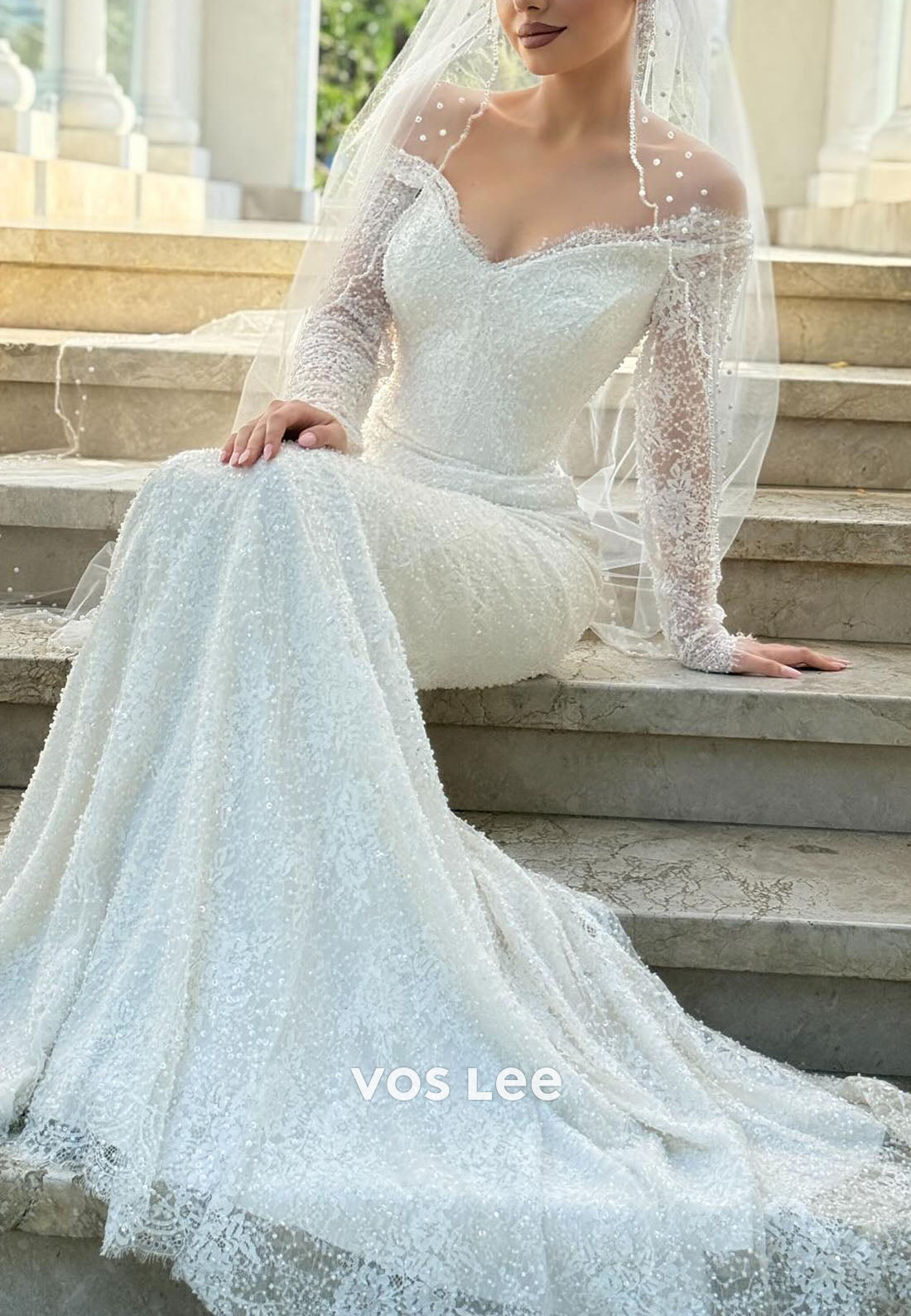 Sparkle Off-Shoulder Lace Long Sleeve Mermaid Wedding Dress Glitter Bridal Gown