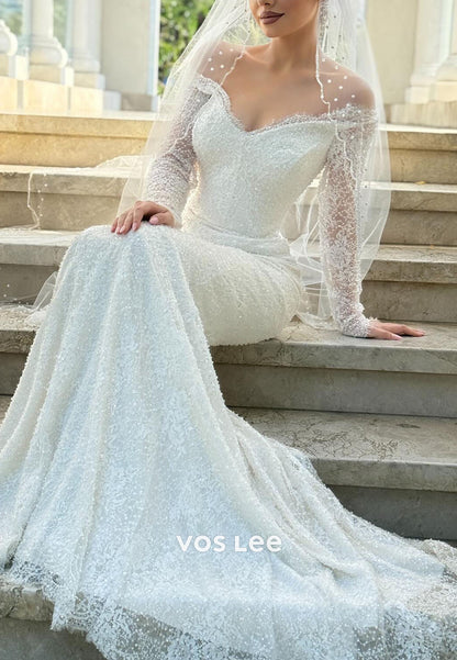 Sparkle Off-Shoulder Lace Long Sleeve Mermaid Wedding Dress Glitter Bridal Gown