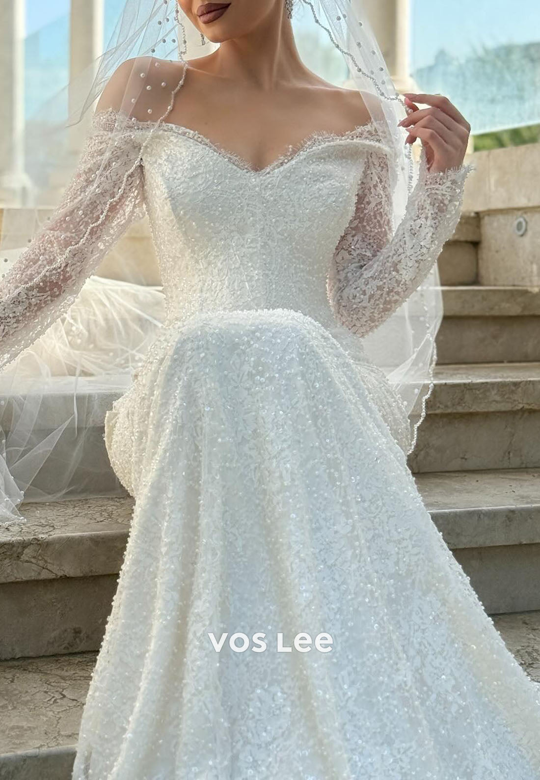 Sparkle Off-Shoulder Lace Long Sleeve Mermaid Wedding Dress Glitter Bridal Gown
