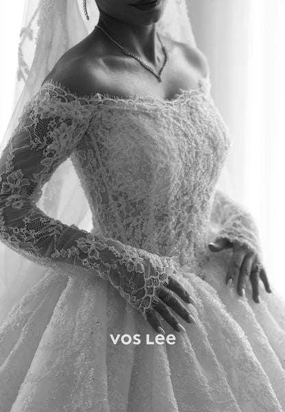 Off-Shoulder Lace Ballgown Wedding Dress: Long Sleeve Sequins Bridal Gown