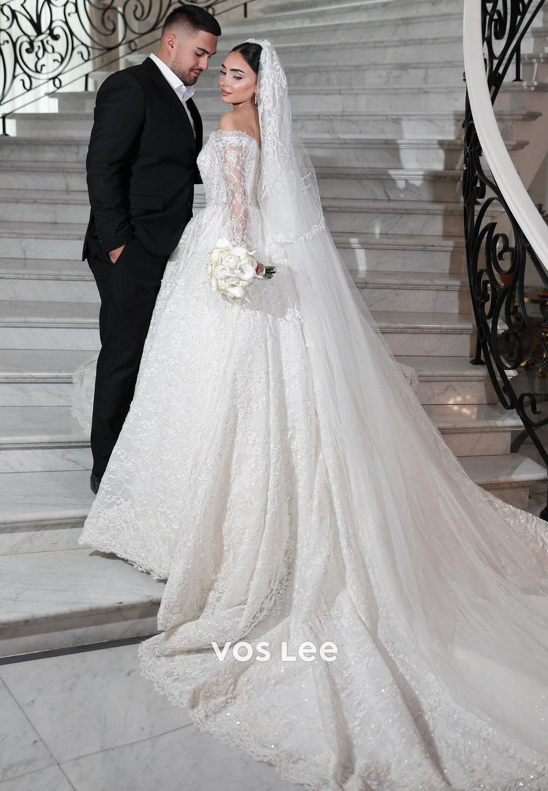 Off-Shoulder Lace Ballgown Wedding Dress: Long Sleeve Sequins Bridal Gown
