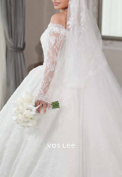 Off-Shoulder Lace Ballgown Wedding Dress: Long Sleeve Sequins Bridal Gown