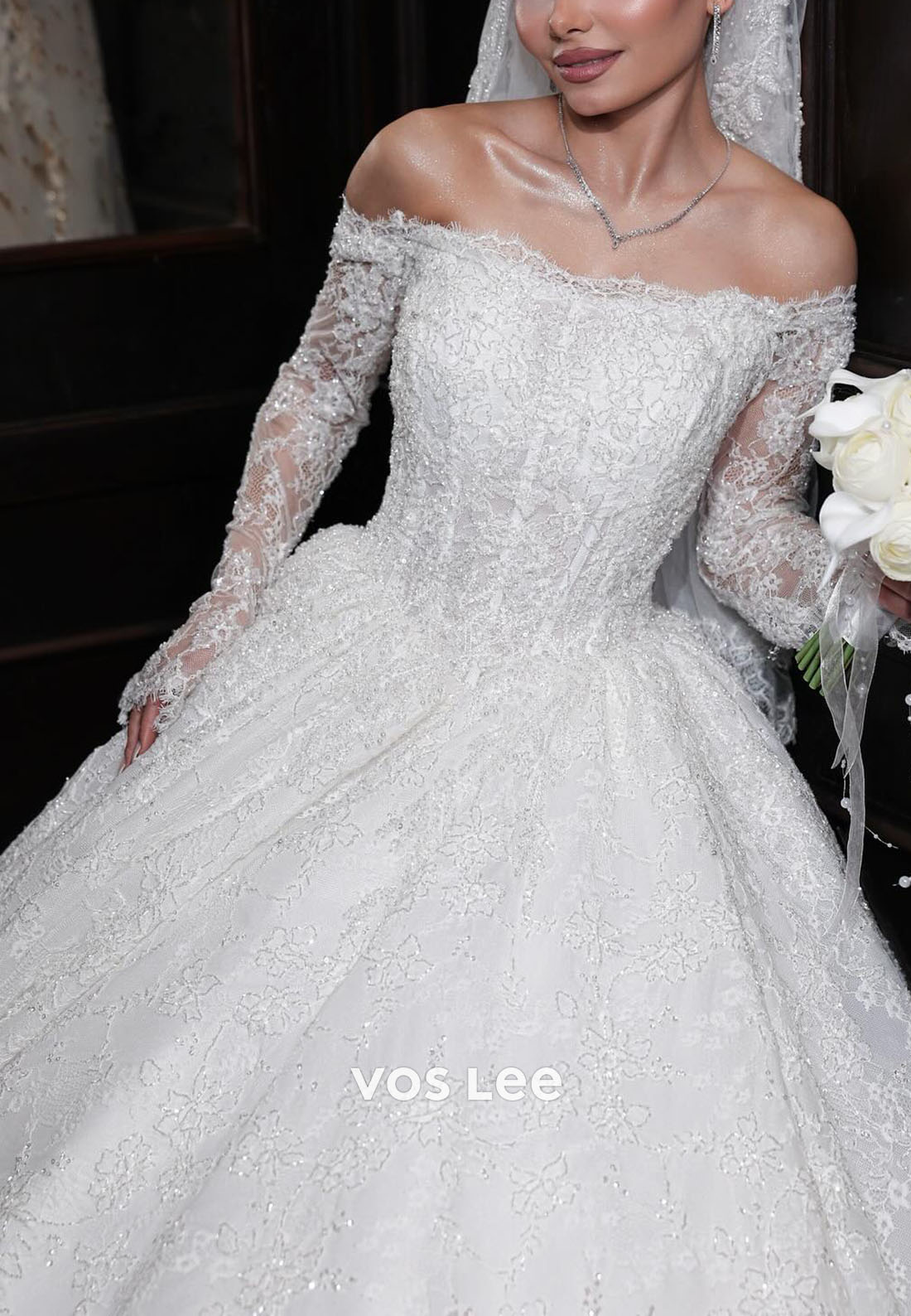 Off-Shoulder Lace Ballgown Wedding Dress: Long Sleeve Sequins Bridal Gown