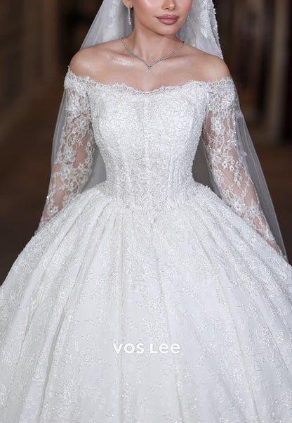 Off-Shoulder Lace Ballgown Wedding Dress: Long Sleeve Sequins Bridal Gown