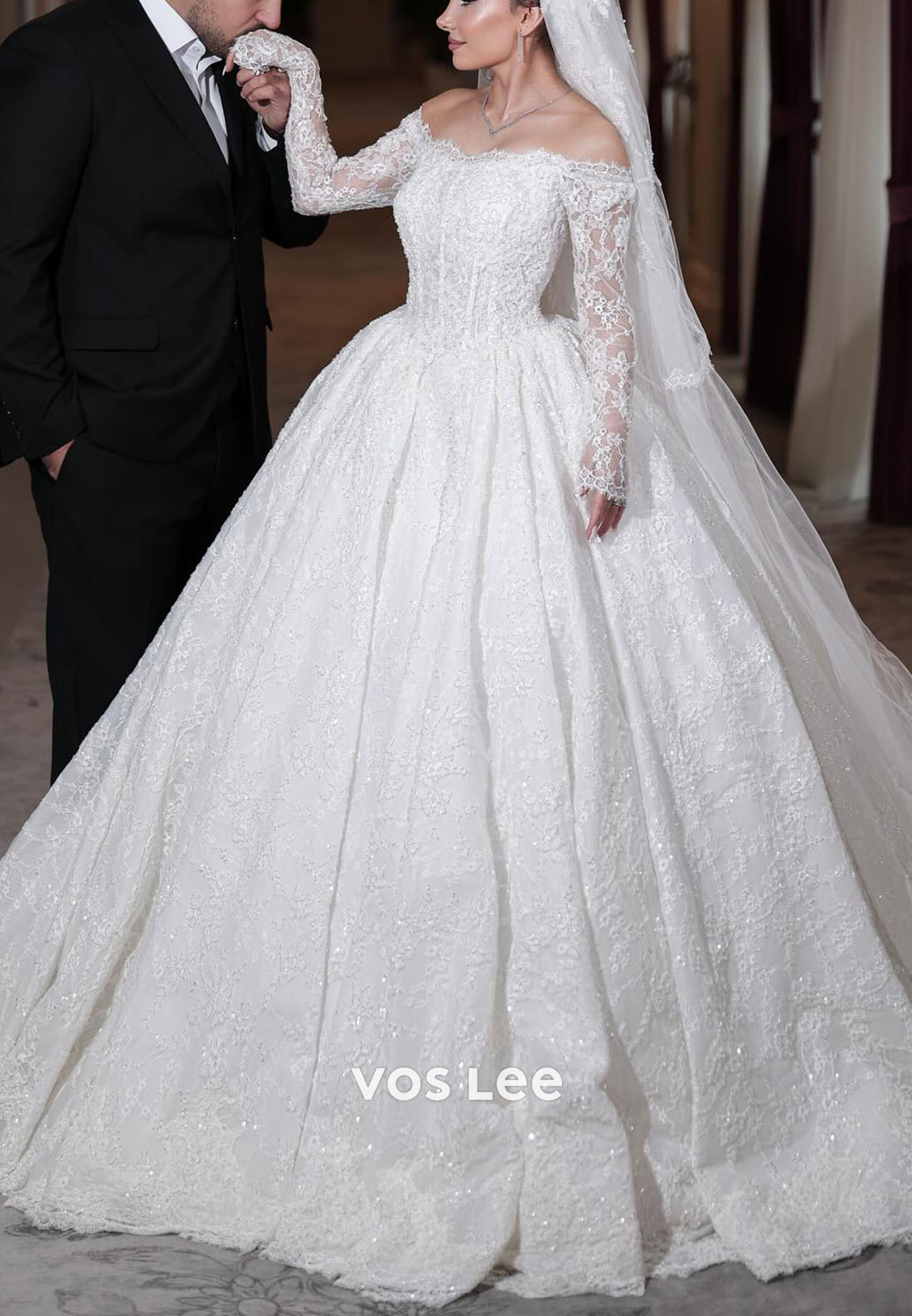 Off-Shoulder Lace Ballgown Wedding Dress: Long Sleeve Sequins Bridal Gown