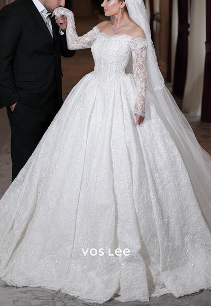 Off-Shoulder Lace Ballgown Wedding Dress: Long Sleeve Sequins Bridal Gown