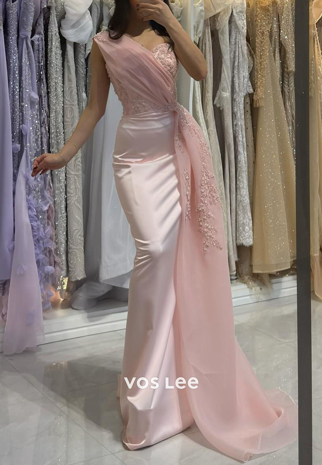 Pink Elegant One Shoulder Sequins Beading Appliques Sheath Evening Dress Formal Dress