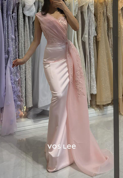 Pink Elegant One Shoulder Sequins Beading Appliques Sheath Evening Dress Formal Dress