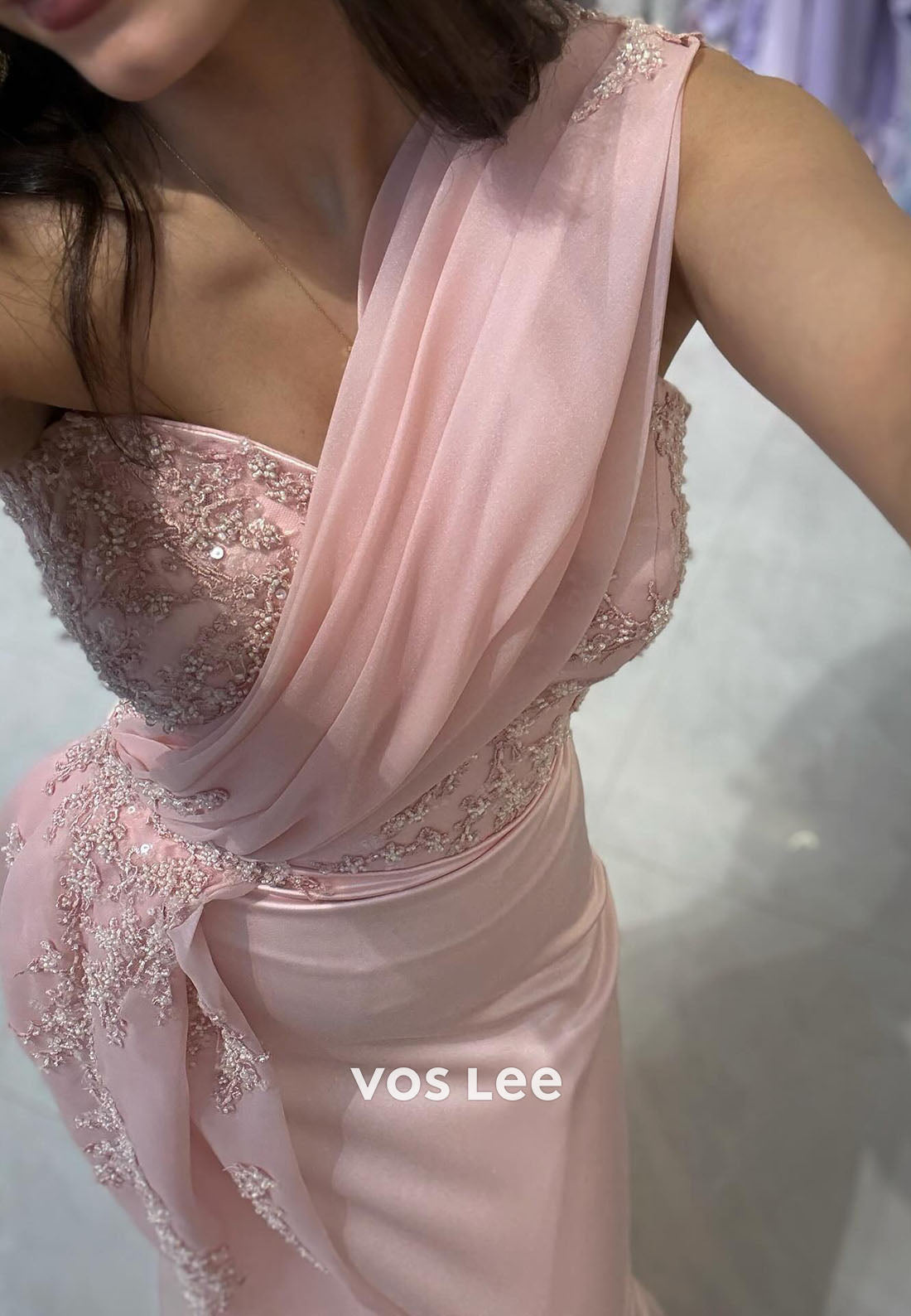 Pink Elegant One Shoulder Sequins Beading Appliques Sheath Evening Dress Formal Dress
